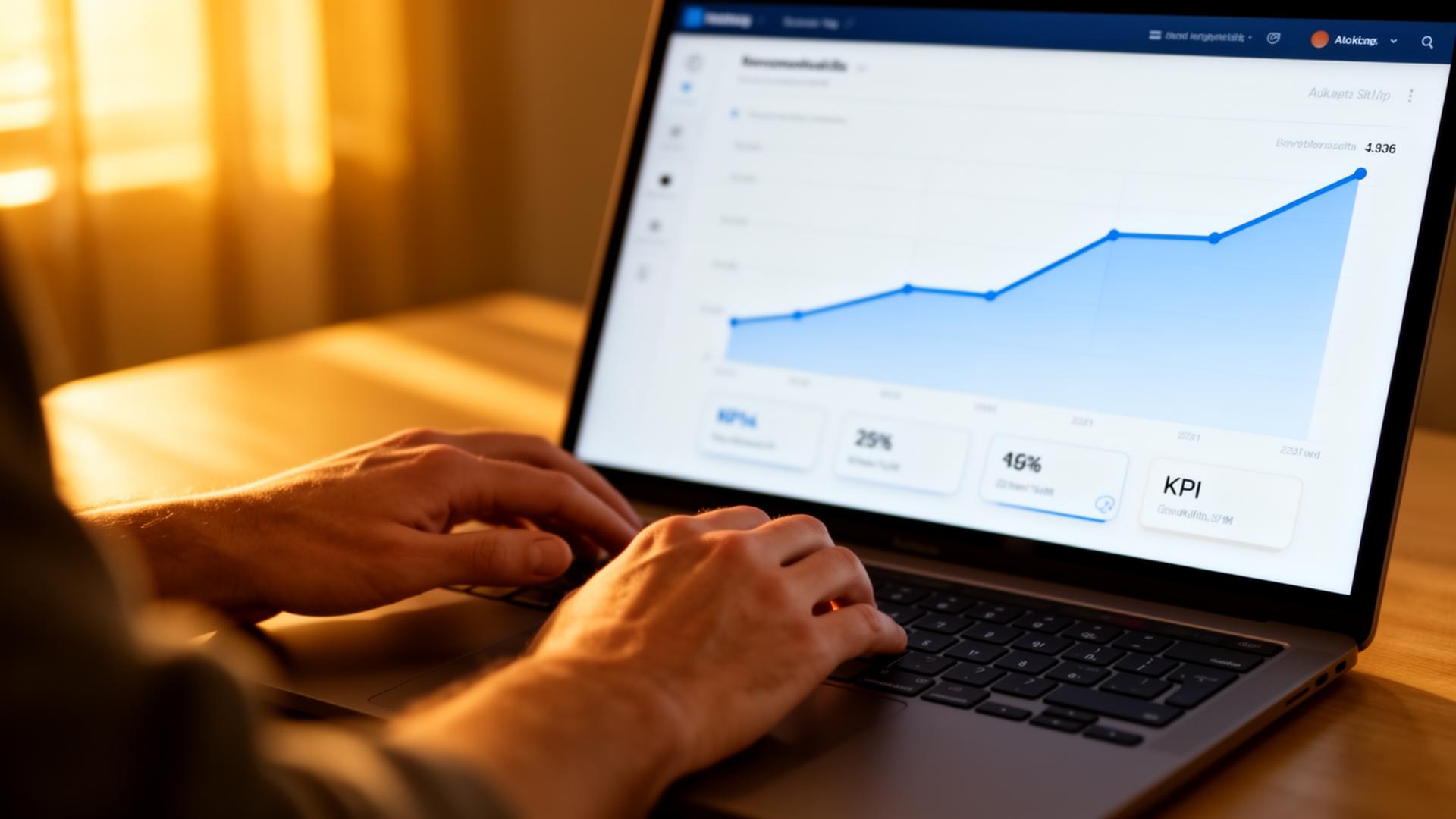 Close-up of hands typing on a laptop showing a clean marketing dashboard.